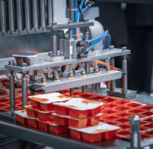 Process of automatic ketchup sauce cup filling and sealing machine. Food industry