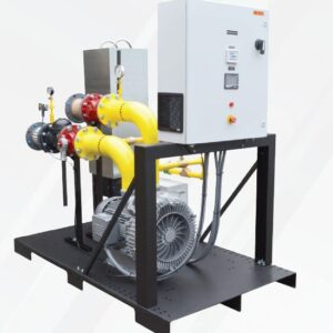 Airtech 3BA Series System with yellow piping, electric motor, control panel, gauge, on a black frame.