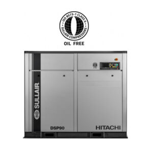 DSP Series Oil Free Rotary Screw Air Compressor with ISO 8573-1 certification label above the unit.