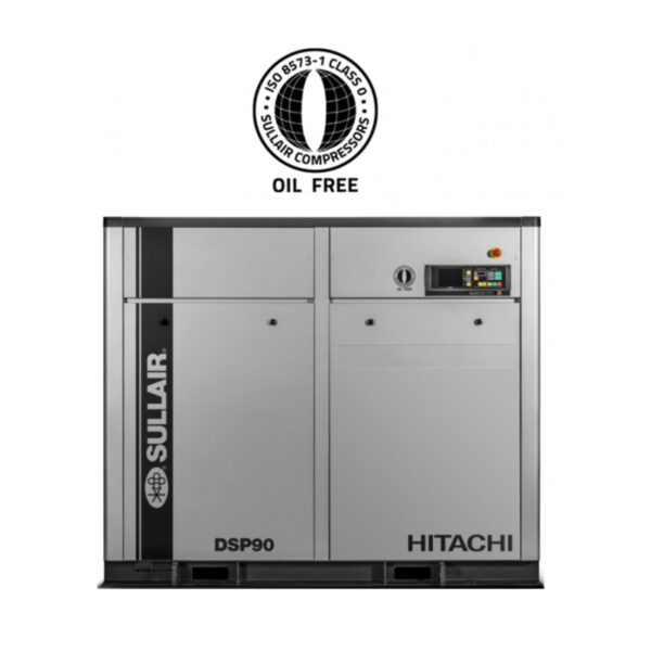 DSP Series Oil Free Rotary Screw Air Compressor with ISO 8573-1 certification label above the unit.