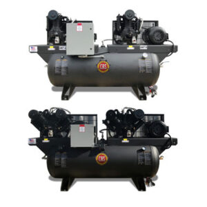 Two CAS Duplex Compressors with horizontal tanks and control panels, side by side on a white background.