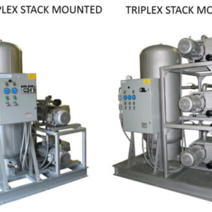 Airtech Duplex and Triplex Tank Mounted Rotary Vane Vacuum Systems, side by side.