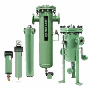 Five Sullair Filtration & Mist Elimination air filters in green are displayed on a plain white background.