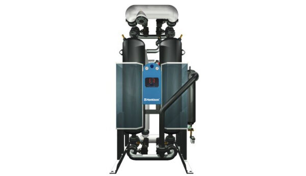 Front view of the HCD Series Heat of Compression Desiccant Dryer with two vertical tanks and connected piping.