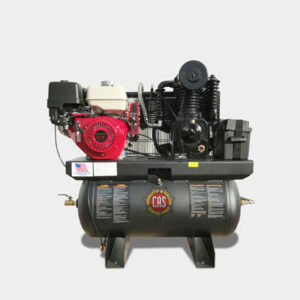 CAS Industrial Portable Reciprocating air compressor with red and black engine on a horizontal tank, plain background.