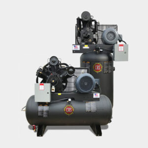 Two CAS Industrial Series Reciprocating air compressors with black tanks and control panels on a plain background.