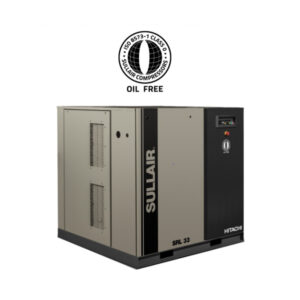 SRL Series Oil Free Scroll Air Compressor with ISO 8573-1 Class 0 certification logo above the unit.