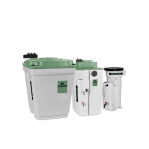 Three SULLIPRO™ Oil/Water Separators in white and green of various sizes are displayed against a plain white background.