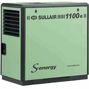 A green S-Energy 1100E Rotary Screw Air Compressor with black accents and a vented side panel.