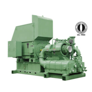 T-Series Oil Free Centrifugal Air Compressor with motor, green industrial unit on a white background.