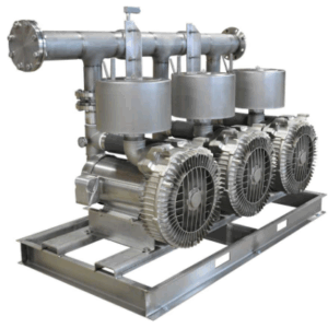 The Airtech Custom Triplex Blower System features three vacuum pumps on a metal frame with visible motors and fan components.