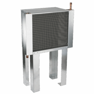 TTP AA Series - Air Cooled: Rectangular metal heat exchanger on four legs with grid front and two top copper pipe connections.
