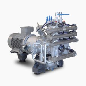 Bauer Boosters industrial compressor with multiple pipes, valves, and an electric motor on a white background.
