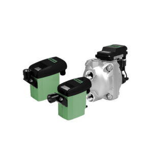 Three Condensate Drains—two green/black, one silver—are displayed on a white background.