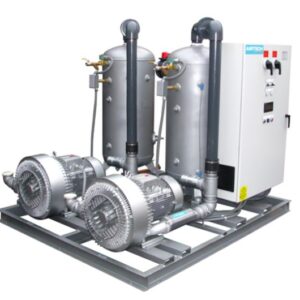 Airtech Dental Oral Evacuation System - 3BA: two blowers, vertical tanks, pipes, and control panel on a metal frame.