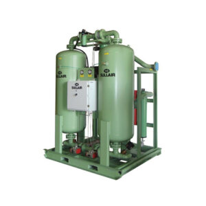 Green Desiccant Air Dryer with twin tanks, control panel, and metal frame, isolated on a white background.