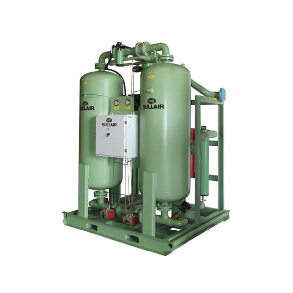 Green Desiccant Air Dryer with twin tanks, control panel, and metal frame, isolated on a white background.
