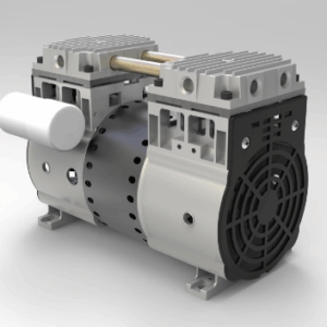A 3D render of the Airtech HP Series Dry Piston Vacuum Pump & Compressor showing cooling fins and fan housing.