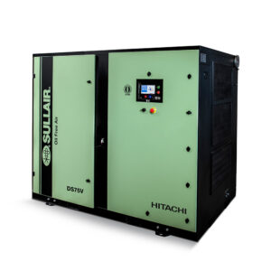 Green and black DS Series Oil Free Rotary Screw Compressor with control panel and "Oil Free Air" label on the front.