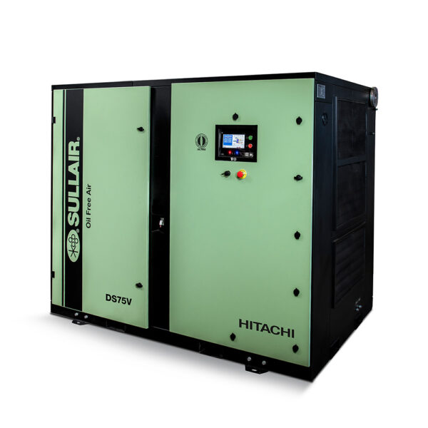 Green and black DS Series Oil Free Rotary Screw Compressor with control panel and "Oil Free Air" label on the front.