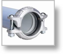 Close-up of ELEVATION™ Aluminum Piping System coupling with bolts securing two pipe ends together.