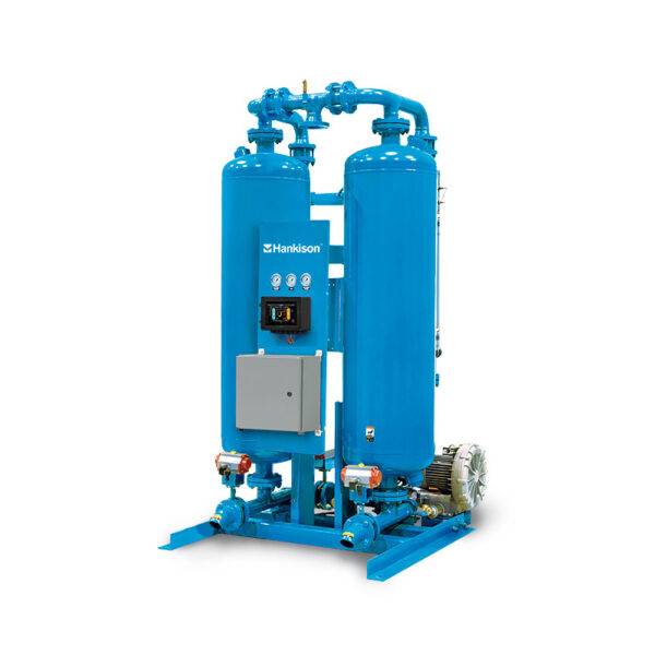 HBP Series Heated Blower Purge Desiccant Dryer with dual vertical tanks, gauges, and control panel shown on white.