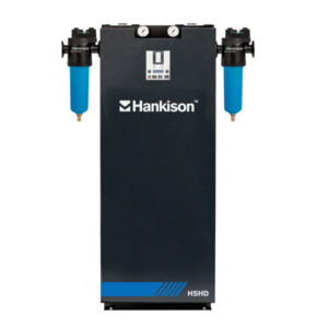 Front view of an HSHD Series Heatless Modular Desiccant Air Dryer with two blue filter units attached.