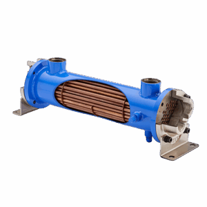 TTP HC Series - Shell & Tube heat exchanger, blue with a cutaway revealing internal copper tubes and metal end plates.
