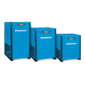 Three blue HPET Series High Pressure Refrigerated Dryers of various sizes are arranged side by side on white.