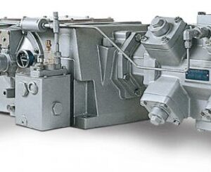 Reciprocating Compressor (Horizontal) featuring multiple valves, pipes, and components on a white background.