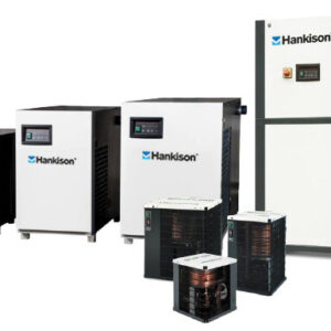 A row of HPR Series Refrigerated Compressed Air Dryers in various sizes, arranged on a white background.