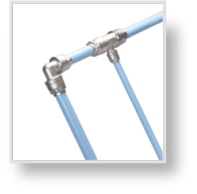 Three INFINITY™ aluminum pipes joined by metal fittings, shown on a white background.