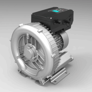 Airtech Integrated Variable Frequency Drive Blower with black control unit and metallic housing on gray background.