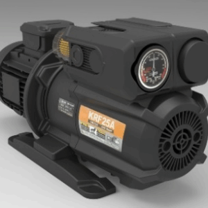 Black Airtech KRF Series dry rotary vane vacuum pump with pressure gauge, mounted on base, on gray background.