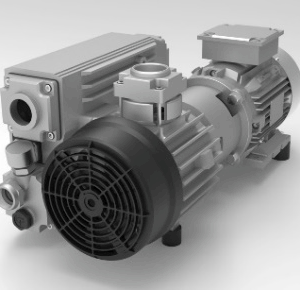 The Airtech L-Series Oil Lubricated Rotary Vane Vacuum Pump features a metallic body, black fan, and cylindrical motor.