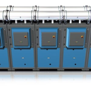 The HES Series Refrigerated Air Dryer features four blue control panels and several cylindrical metal pipes on top.