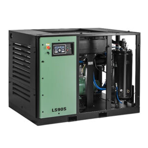 LS 90-160 Series rotary screw air compressor with green control panel, display, and visible internal components.