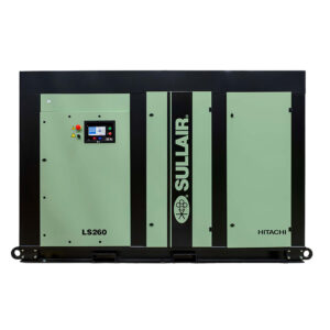 Front view of LS 190-260 SERIES rotary screw air compressor with control panel and green/black exterior.