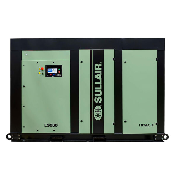 Front view of LS 190-260 SERIES rotary screw air compressor with control panel and green/black exterior.