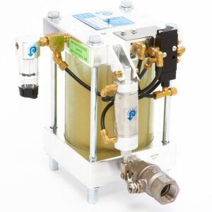 Drain-All Vacuum Handler® with metal fittings, control valves, and labeled input/output ports on a white background.