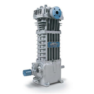 Vertical Reciprocating Compressor with metal housing and blue component attached at the lower left side.