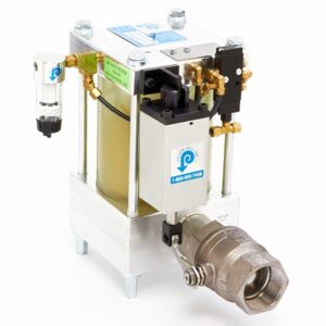 Close-up of the Drain-All Volume Handler® featuring a metal valve, fluid reservoir, and control components.