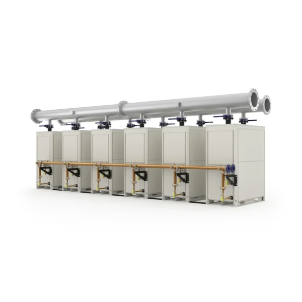 Seven FLX SERIES refrigerated compressed air dryers (3,000–12,000 SCFM) aligned in a row with interconnecting pipes.