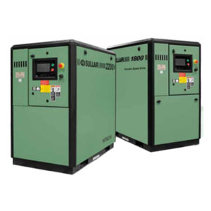Two S-ENERGY 1800-3000V rotary screw air compressors (25-40 HP) with control panels and indicator lights.