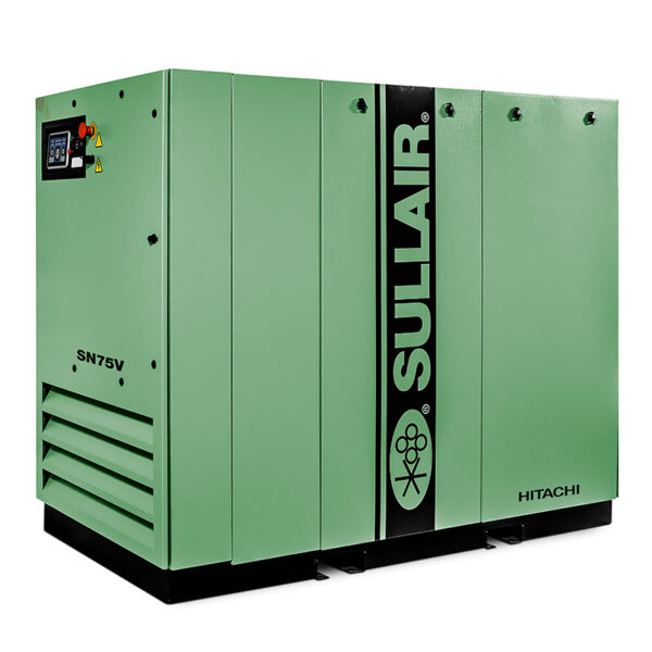 A green SN5500-7500S rotary screw compressor (75-100 hp) with left-side control panel.