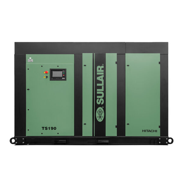 Green and black Sullair TS-SERIES 250-350HP rotary screw compressor with control panel, "Hitachi" at bottom right.