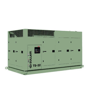 Large green Sullair TWO-STAGE INDUSTRIAL (200-600 HP) rotary screw air compressor with vented panels and side display.