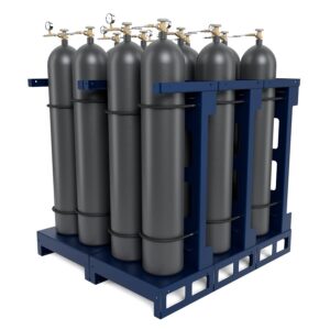 The HIGH-PRESSURE AIR STORAGE rack holds several large, upright gas cylinders with valves and pressure gauges.