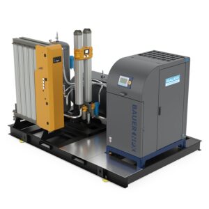 BAUER NPX™ SYSTEM 1: gas compressor with control panel, cylinders, and components on a metal base platform.