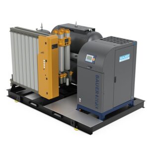 BAUER NPX™ SYSTEM 2: industrial gas compressor with control panel, filtration units, and metal housing on black platform.
